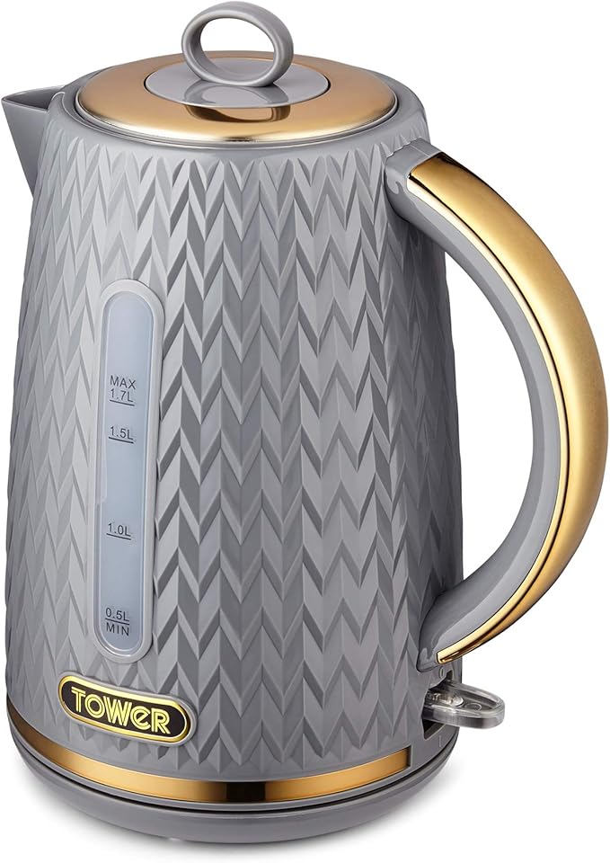 Tower T10052GRY Kettle, Empire Range, 1.7L Capacity, 3KW, Grey with Brass Accents, Steel Amazon