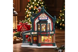 Bshine Christmas Village House with LED Lights, Ceramic Gingerbread House Indoor Decoration Gift Shop, Collection Building Christmas Holiday Decor Desktop Home Gifts for Kids
