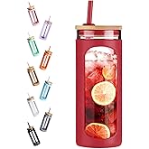 Kodrine 20oz Glass Tumbler with Straw and Lid, Iced Coffee Cups with Bamboo Lids, Glass Cups for Cold Drinks, Smoothie Cup with Silicone Sleeve for Travel, Work, BPA FREE-Barbados Cherry