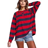 Ardrem Women Oversized Striped Sweatshirt Crewneck Long Sleeve Striped Shirts Color Block Y2k Pullover Fall Fashion Top Navy Red
