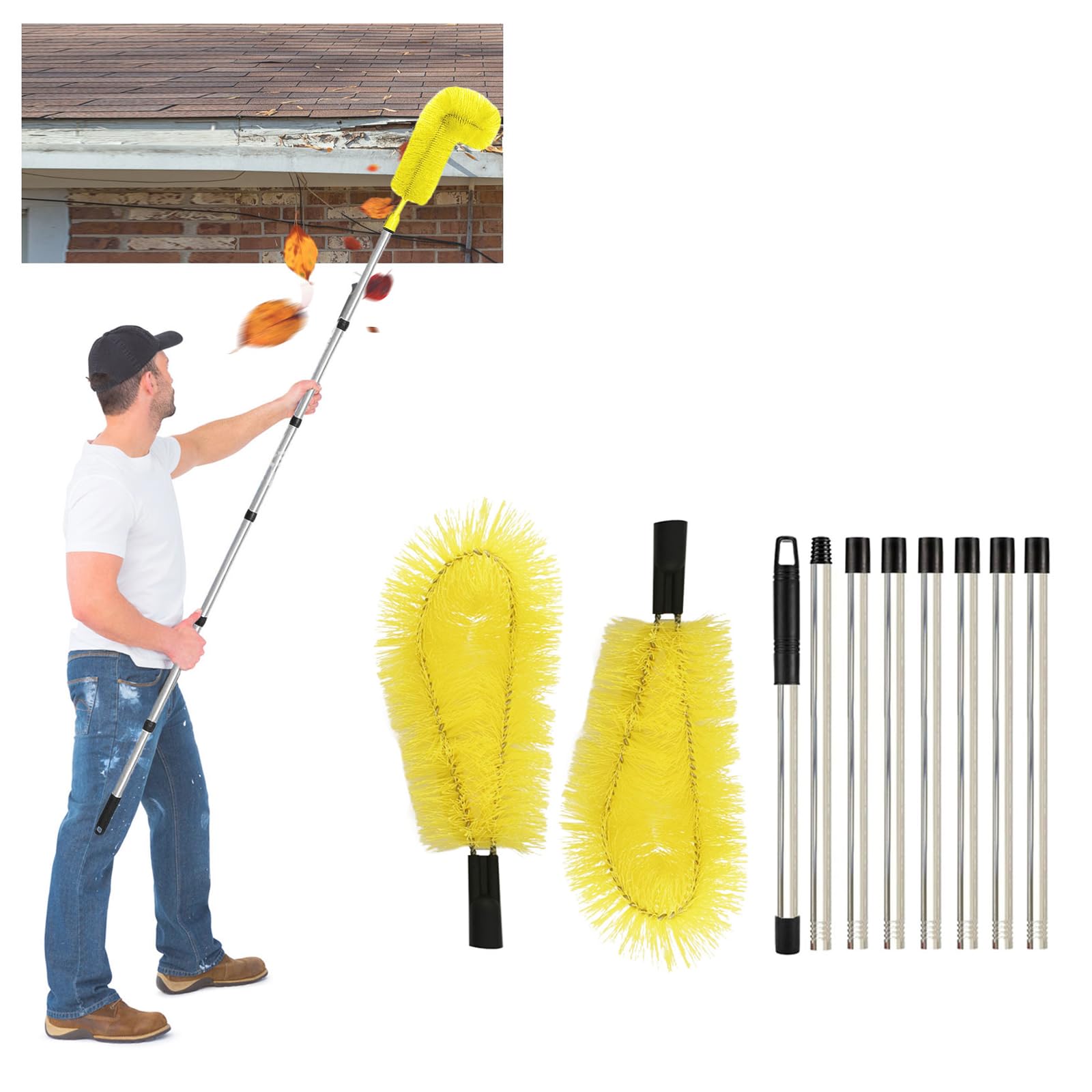 Gutter Cleaning Brush, Gutter Cleaning Brush Roofing, Portable Telescopic Cleaning Scraper Tool for Cleaning Leaves Debris (Yellow)