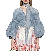 Womens Denim Shirt Tie V Neck Long Sleeves Bow Babydoll with Adjustable Waistband Cute Blue Jean Shirts for Women Denim
