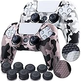 YoRHa Grip Texture Silicone Skin for PS5 Controller x 2(Print White+Champagne Gold) with Pro Thumb Grips x 8