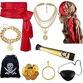 UYY 9PCS Pirate Costume Accessories Women with Head Scarf Wrap Pirate Eye Patch Sash Belt Necklace,Bracelet,Binocular,Coins