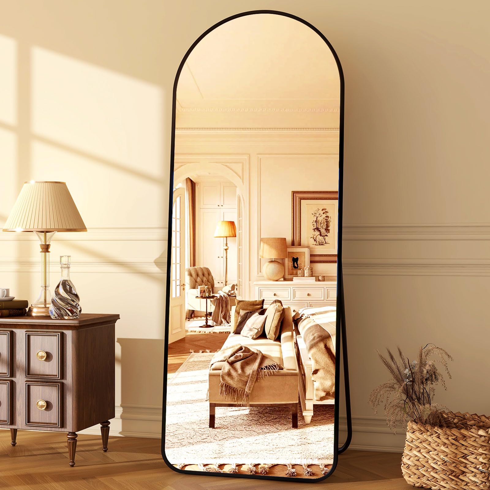 HARRITPURE 64"x21" Arched Full Length Mirror Floor Mirrors with Aluminum Alloy Frame Free-Standing Wall Mounted or Leaning Large Bedroom Dressing Mirror Modern & Contemporary Decor for Home,Black Image