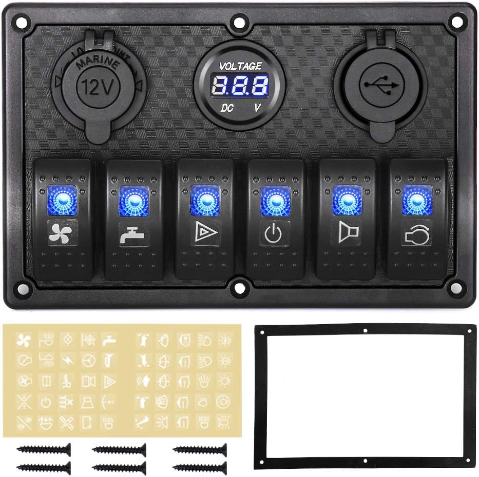 HomdMarket 6 Gang Waterproof Rocker Switch Panel 12V/24V Digital Voltage Display, Dual 5V USB Charger Socket for RV Boats Cars Motor-house