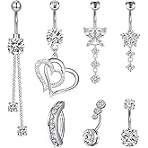 Mayhoop 14G Belly Button Rings 316L Surgical Stainless Steel Dangle Clicker Belly Ring Dangling Piercing Jewelry With Heart Flower Butterfly Silver Gold Tone For Women