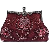 CORIOS Vintage 1920s Beaded Evening Bag Pearl Clutch Bag for Women Sequin Handbag Bridal Wedding Purse Floral Shoulder Bag