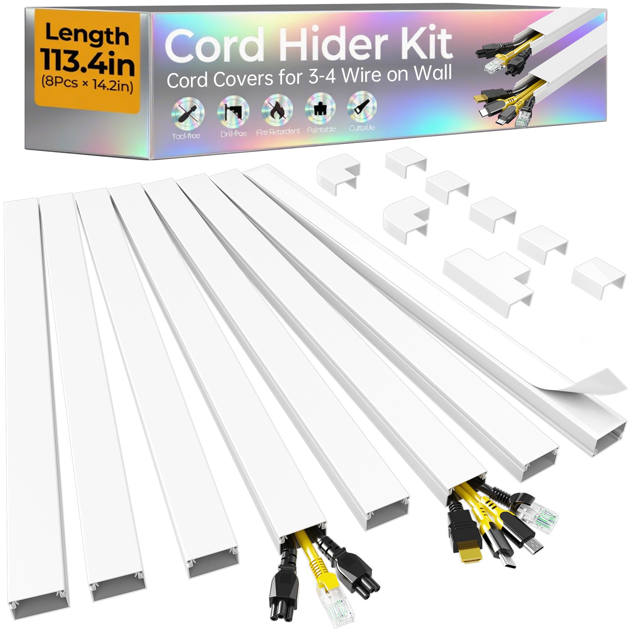 113.4in Cord Hider Kit, Cord Covers for 3-4 Wires on Wall, Self-Adhesive Tv Cable Hider, Paintable Wire Hider Wire Covers for Cords on Wall, Cable Cover Management Kit, L14.2 W1.18 H0.6in, White
