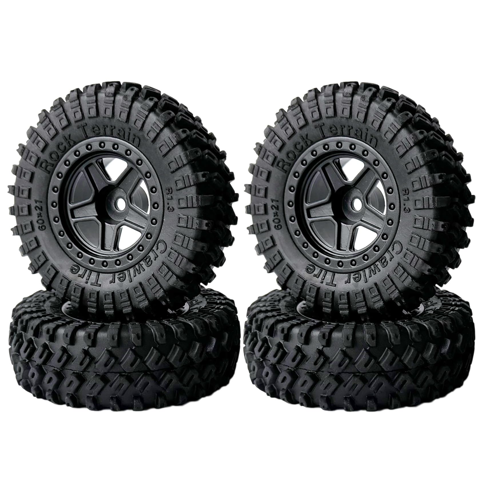 KINGCOO 4PCS 1.3 inch 5Spoke Beadlock Wheel Rims Tires and 60mm Rubber Tyre Set for 1/18 1/24 RC Rock Crawler Truck Car for Axial AX24 SCX24 TRX4M FCX24 Upgrade Part (Black)