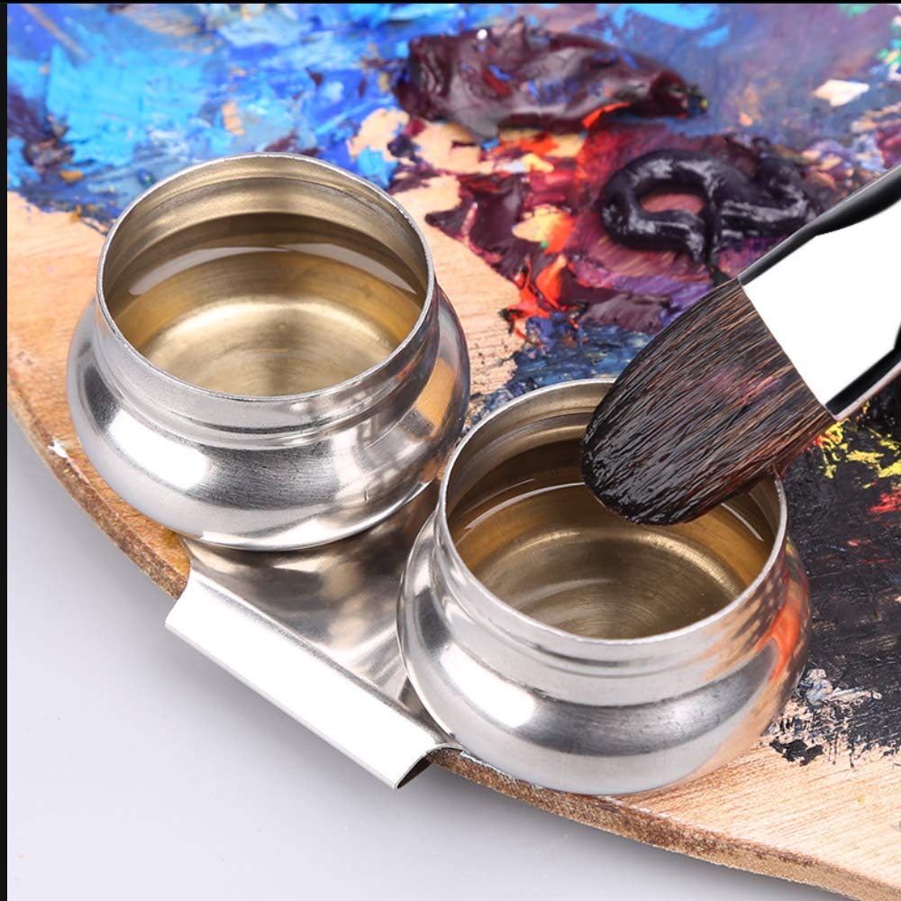 OLRWSLG Stainless Steel Palette Cup Large Mouth Double Dipper Megilp Turpentine Solvent Container with Screw Cap Oil Palette Cup for Watercolor Acrylic Oil Painting