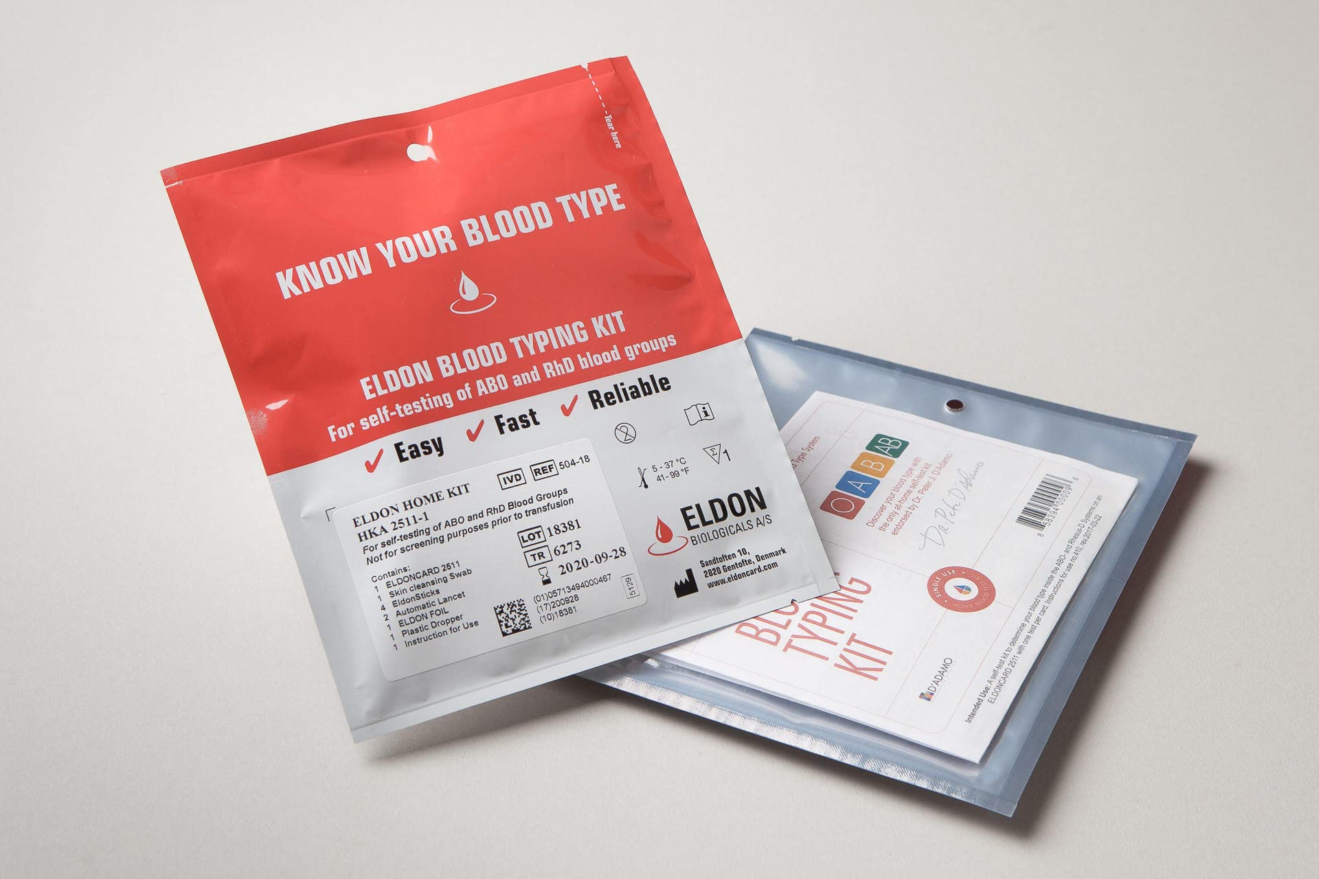 EldonCard Blood Type Test (Complete KIT) - Find Out if You are A, B, O, AB & RH- Results in Minutes - Air Sealed Envelope, Safety Lancet, Micropipette, Cleansing Swab - 1 Pack