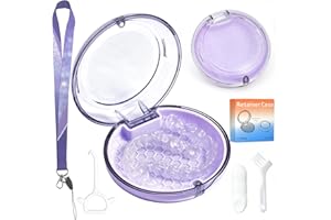 Gaboolo Retainer Case Slim Aligner Case with Vent Holes Removable Inner Tray Silicone for Easy Cleaning Retainer Removal Tool and Brush (Clear Purple with Lanyard)