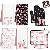 Vetoxka 8 Pcs Cute Pink Bow Kitchen Towels and Dishcloths Sets Oven Mitts Pot Holders Set Valentines Day Absorbent Decor Accessories Gloves Potholders Heat Resistant for Chef Baking Cooking Home Gifts