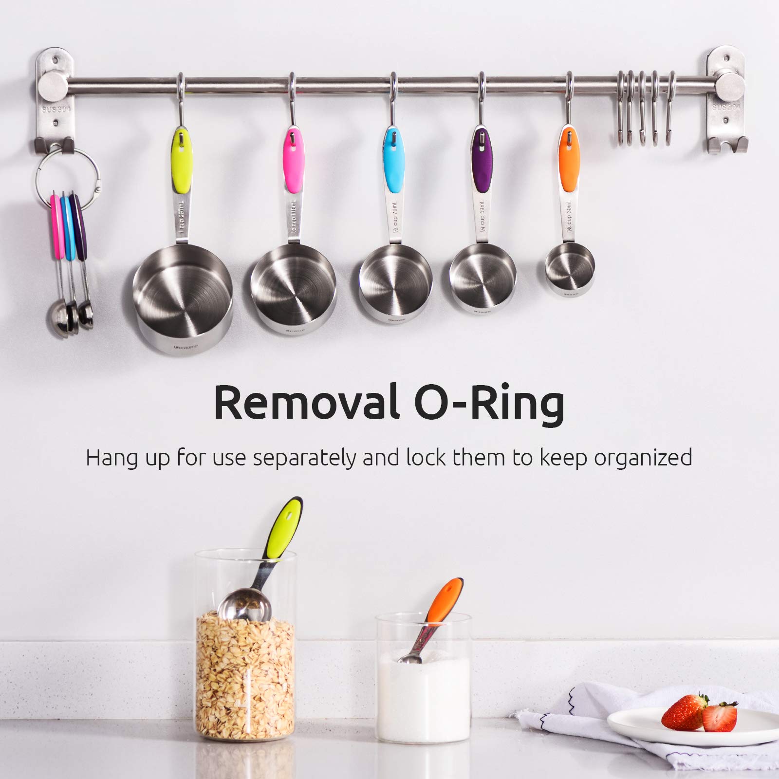 計量カップ：U-Taste 18/8ステンレス鋼計量カップとスプーン10個セット、アップグレードされた厚さのハンドル