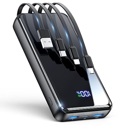 Portable Charger,50000mAh Power Bank Built-in Cable, 22.5W PD USB C In & Out Fast Charging, External Battery Pack with 6 Output & 2 Input, Travel Phone Charger for iPhone 17/16/15/14/13/12(Black)