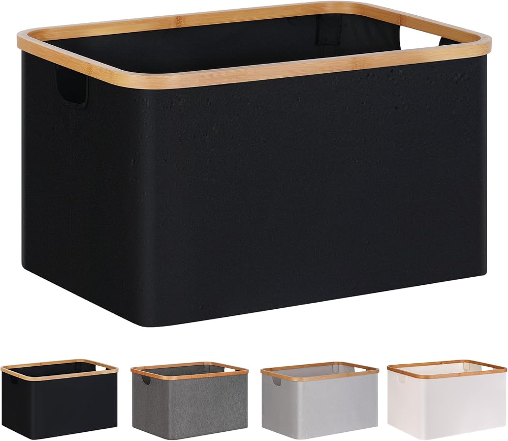 efluky Foldable 60L Laundry Basket with Bamboo Handle Black