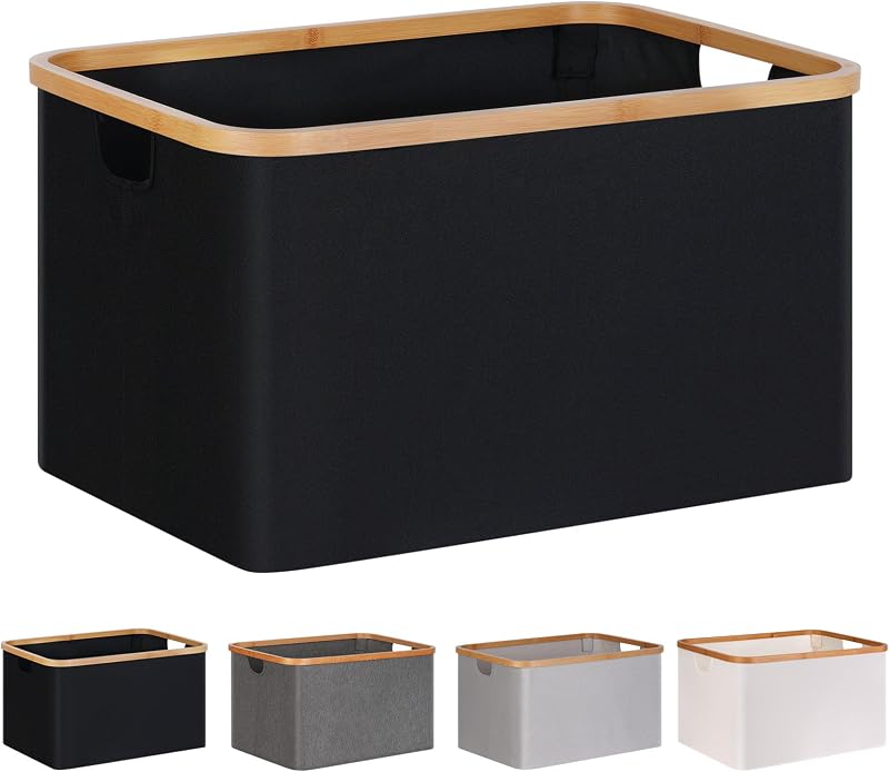 efluky Foldable 60L Laundry Basket with Bamboo Handle Black