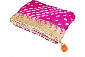 PK HUB Women's Bandhej Dupatta Handmade Jaipur Art Silk Chunni Bandhani Tassel Gota Patti Dupatta (Pink, M)