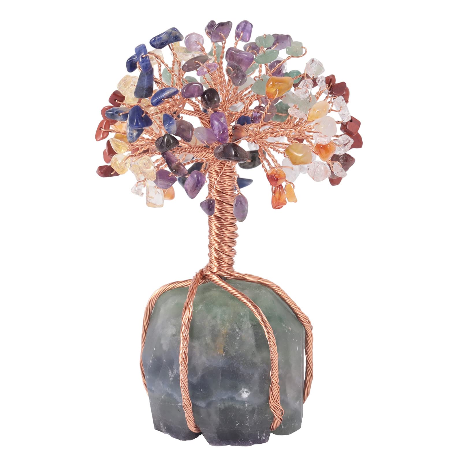 Nupuyai 7 Chakra Crystal Money Tree with Fluorite Raw Stone Base, Good Luck Fengshui Figurine Spiritual Healing Stone Tree Ornament Home Office Decor