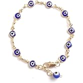 Blue Evil Eye Gold Plated Bracelet 7 Inches Glass Beads Pulsera Mal de Ojo