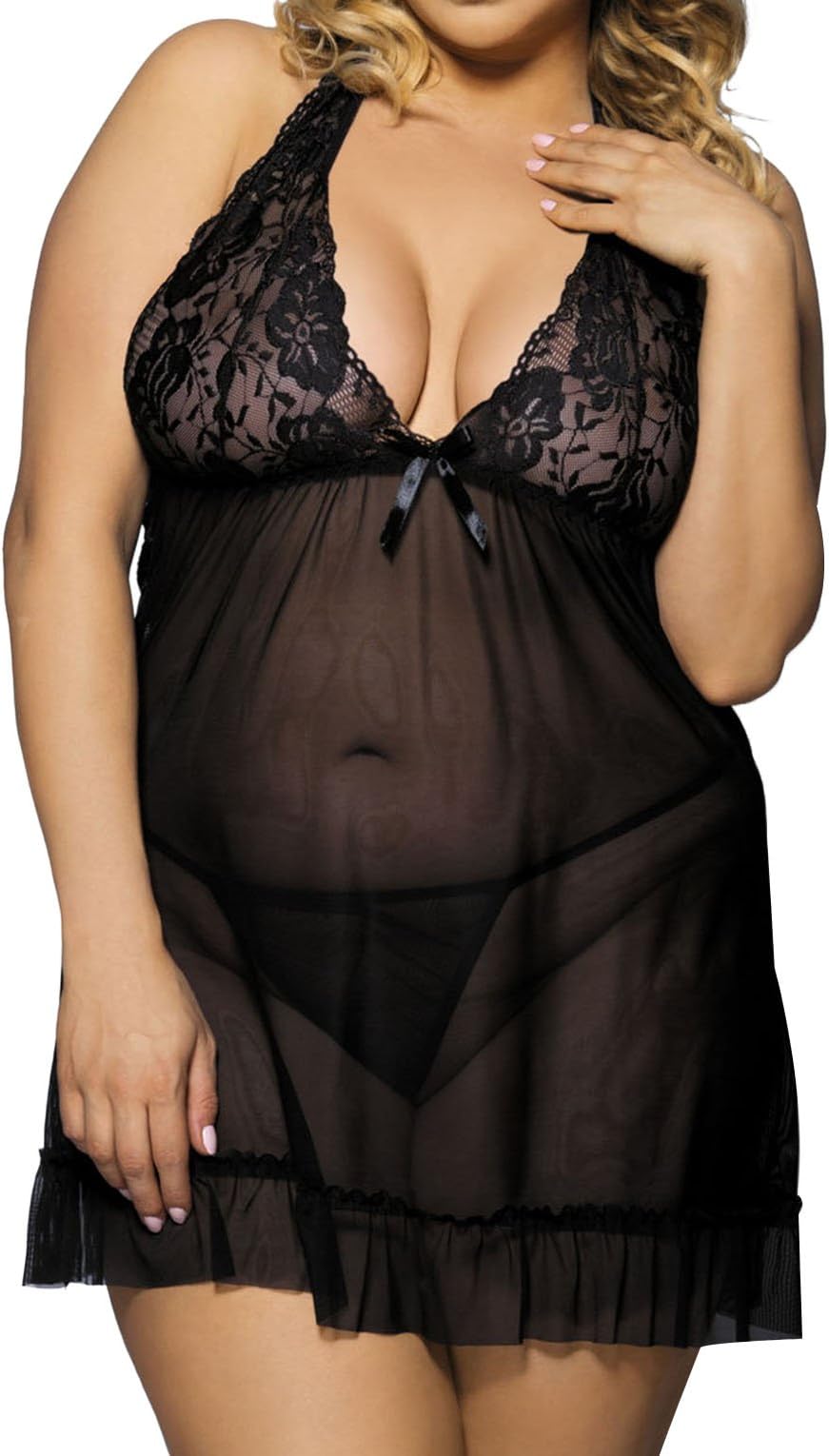 Zerolove Lingerie Plus Size Women's Lace Babydoll Deep V Halter Sleepwear Outfits