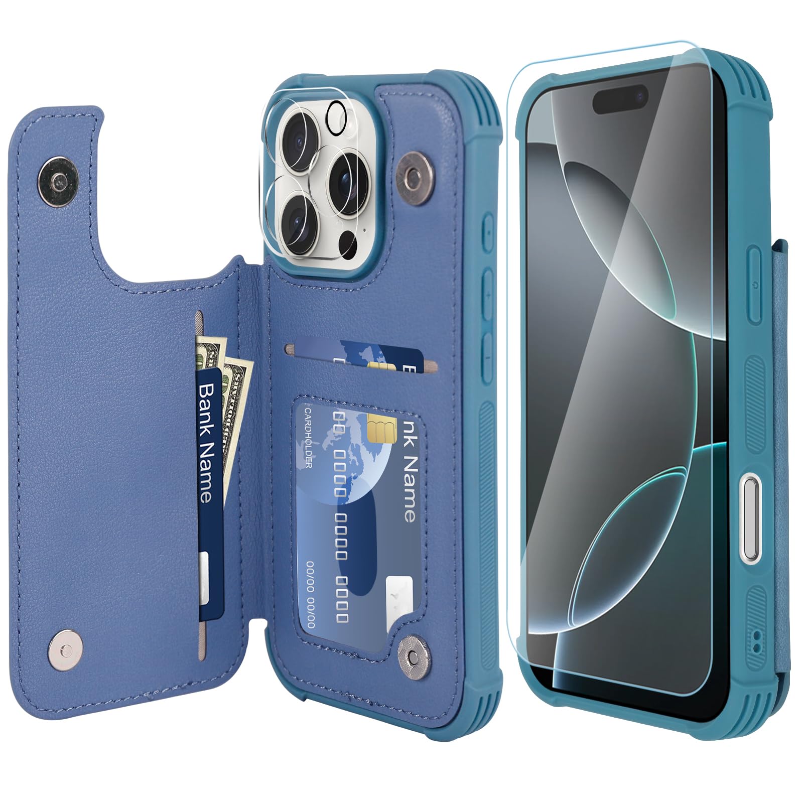 VANAVAGY Compatible for iPhone 16 Pro Wallet Case with Credit Card Holder,Rfid Leather Flip Folio Phone Cover Fits Magnetic Car Mount and Stand with Screen Camera Protector,Blue