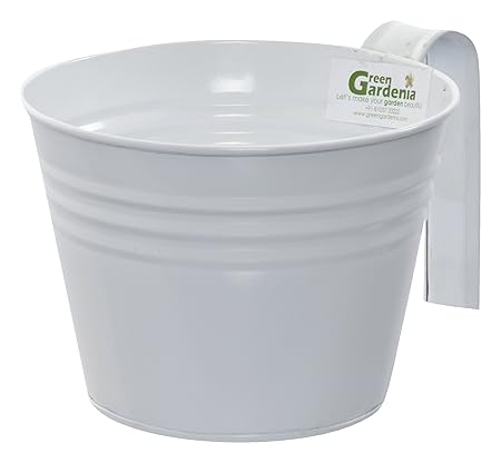 Green Gardenia GI-Metal Bucket Railing Planter Small, White (White)