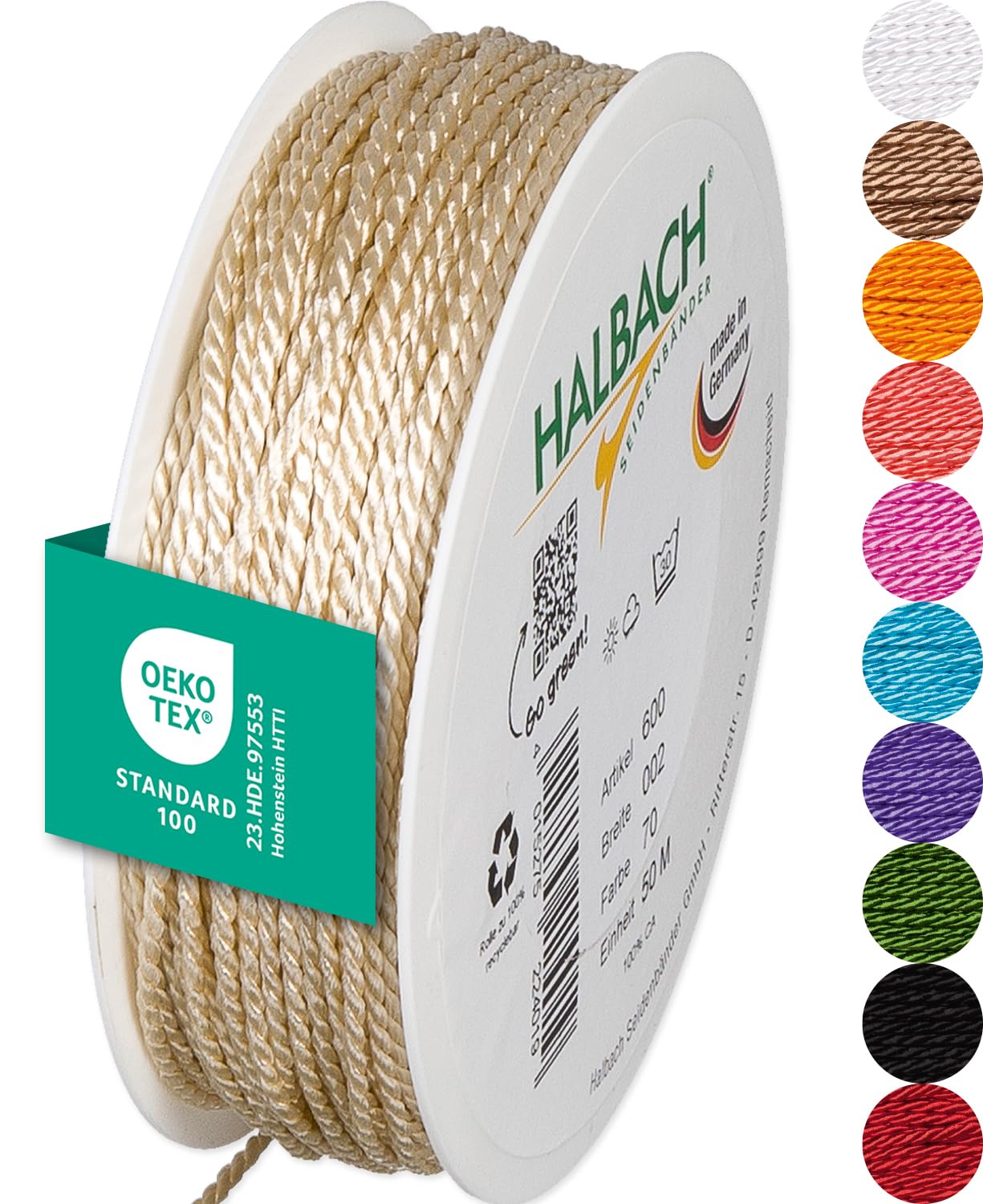 Halbach Seidenbänder Premium Cord (Cream), Width 2 mm, Length 50 m, Made in Germany and Oeko-Tex Certified, Shiny Satin Cord Made of Acetate — image 1