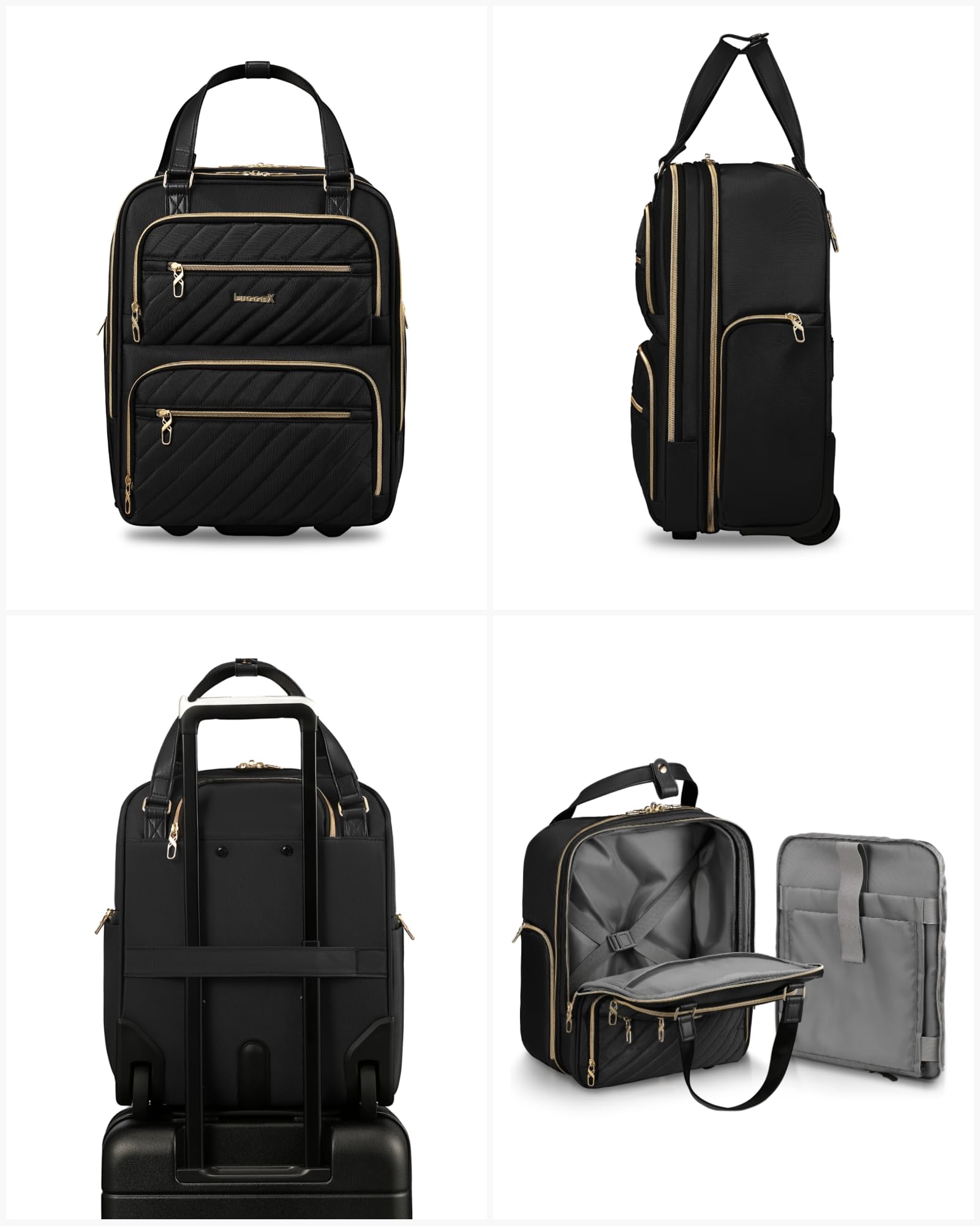 LUGGEX Underseat Carry On Luggage with Wheels, Stylish Lightweight Under Seat Luggage, Soft Sided Personal Item Suitcase for Short Trip (Black, 16 Inch)