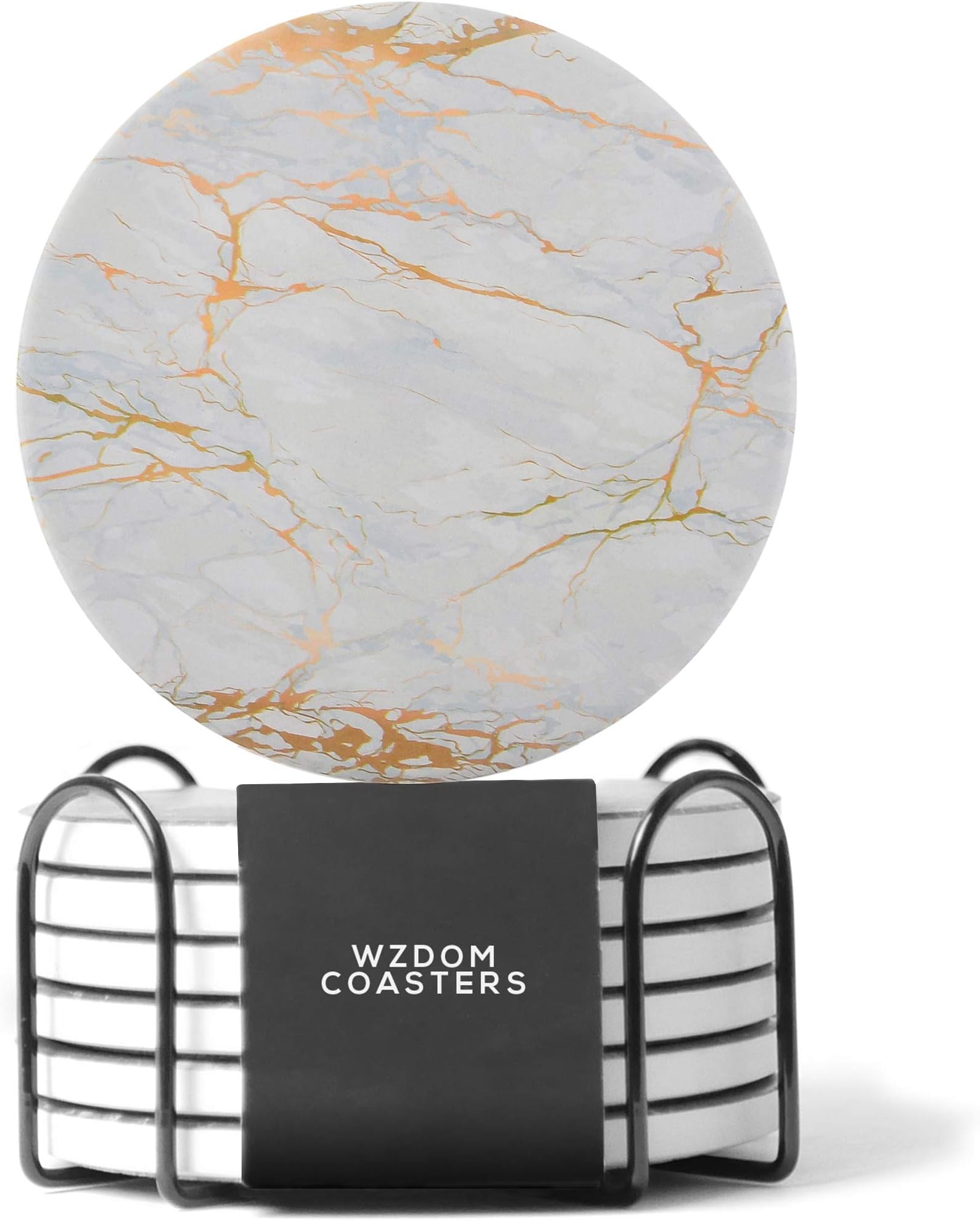 WZDOM Absorbent Ceramic Stone Drink Coasters with Holder - Housewarming Gift for Family and Friends - Stone Coasters for Drinks with Protective Cork Mat Backing - Set of 6 White Coasters