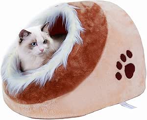 Amazon Com Plush Pet Bed Cave For Cat Small Dog Calming Foldable Pet Tent Hide Seek Cat Cave Noise Reduction Small Beige Pet Supplies