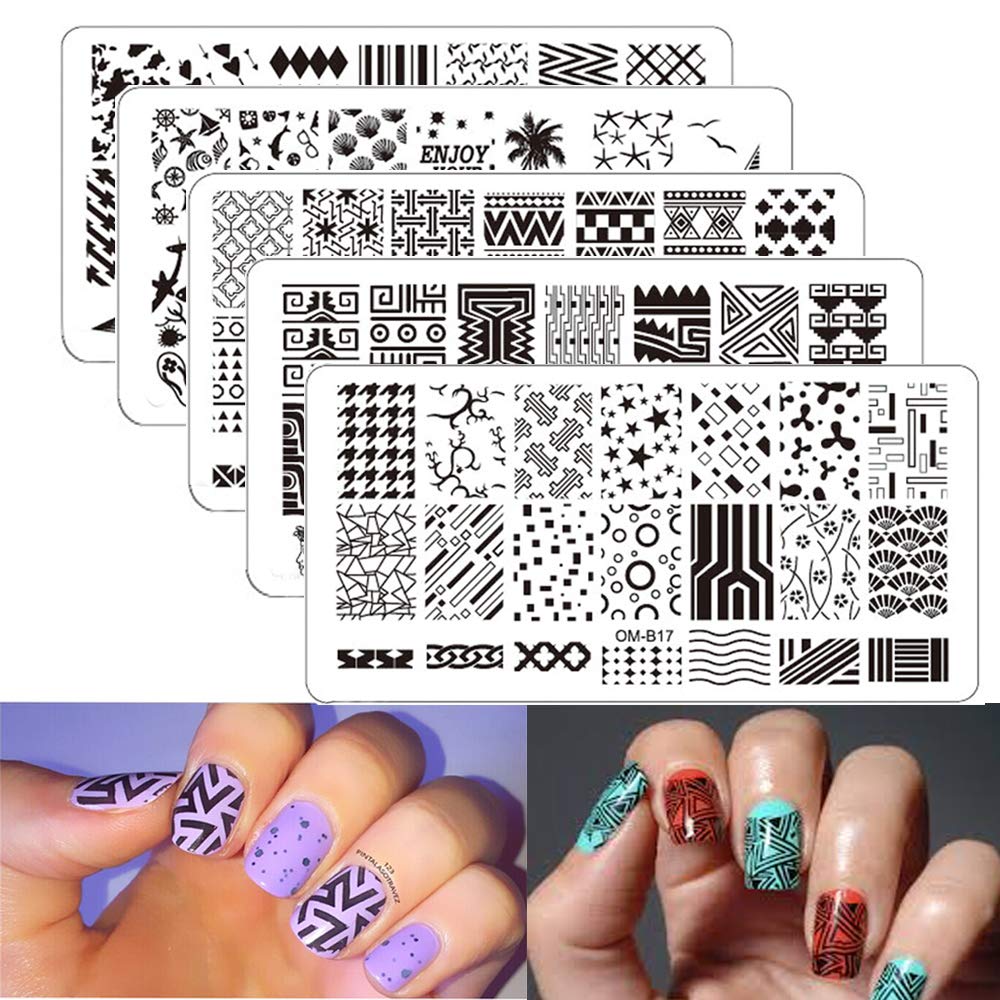 Nail Stamping Plates Daoder 5pcs Geometric Drawing Summer Pattern Nail Art Printing Diy Image Nail Stamper Scraper Kit
