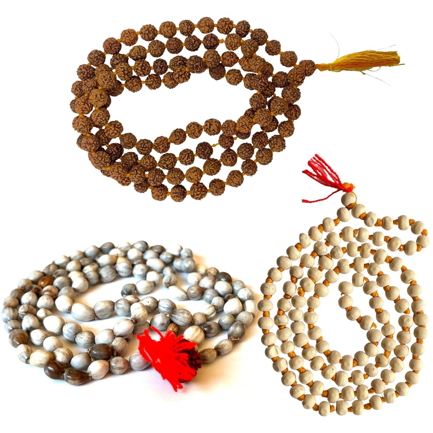 NAISHA (Pack of 3 Rudraksha Mala, Tulsi Japa Mala & Original Vaijanti Mala White Bead Natural Himalaya 5 Face Panch Mukhi Rudraksha 108+1 Beads