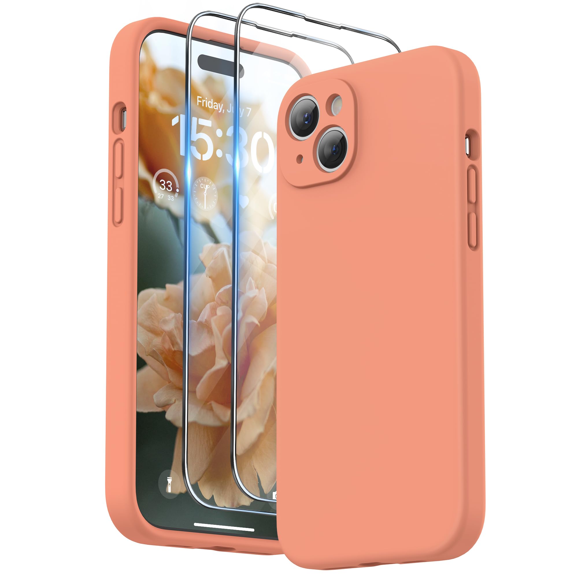 SURPHY Design for iPhone 15 Plus Case, Liquid Silicone Protection for Each Lens [2 x Screen Protectors & 1 x Lanyard] Shockproof Cover for iPhone 15 Plus 6.7 inch 2023, Orange Sorbet — image 1