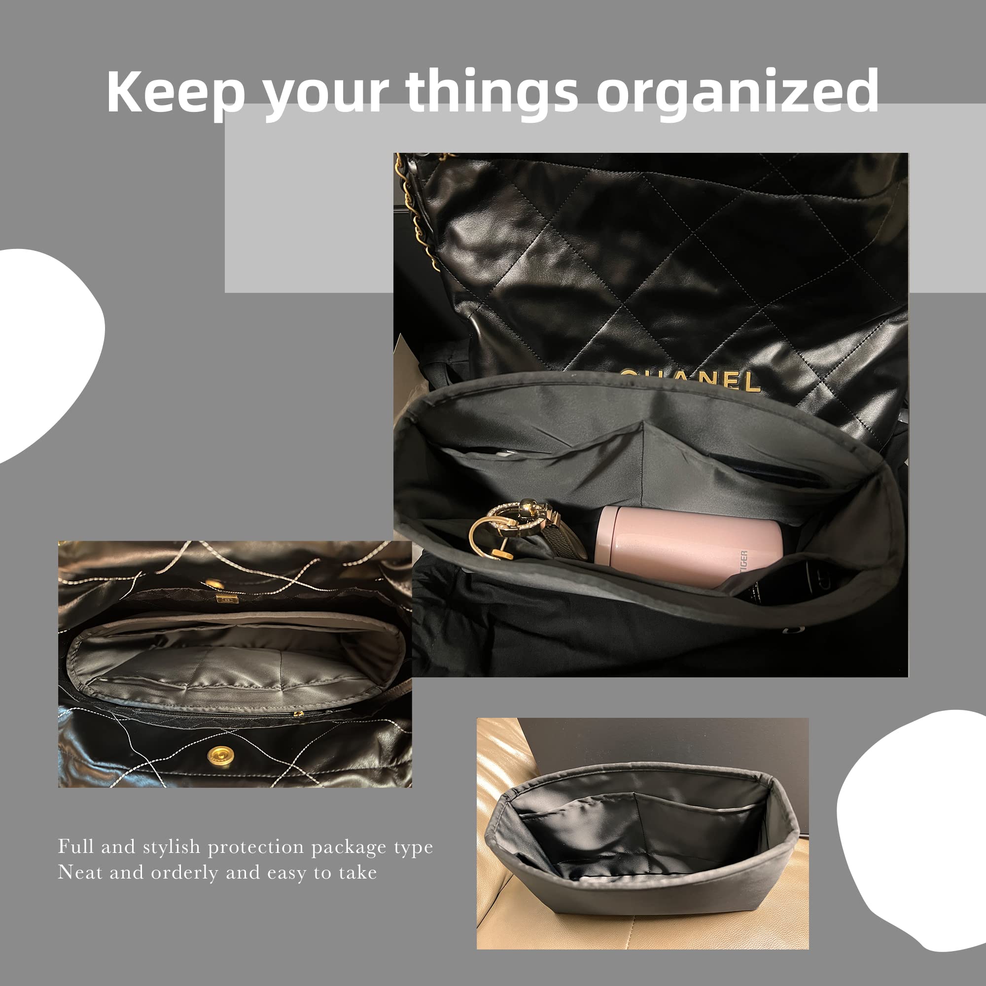 DGAZ Silk Purse Organizer Insert Fits Chanel 22 S/M/L bag，Silky Smooth Bag Organizer，Luxury Handbag & Tote Shaper（Black，M）