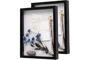 Muzilife Shadow Box Picture Frame with Linen Board Deep Wood Glass Display Case Ready to Hang Memory Box Baby Sports Memorabilia, Pins, Awards, Medals, Wedding, Tickets and Photos, Black, 2pcs 11X14