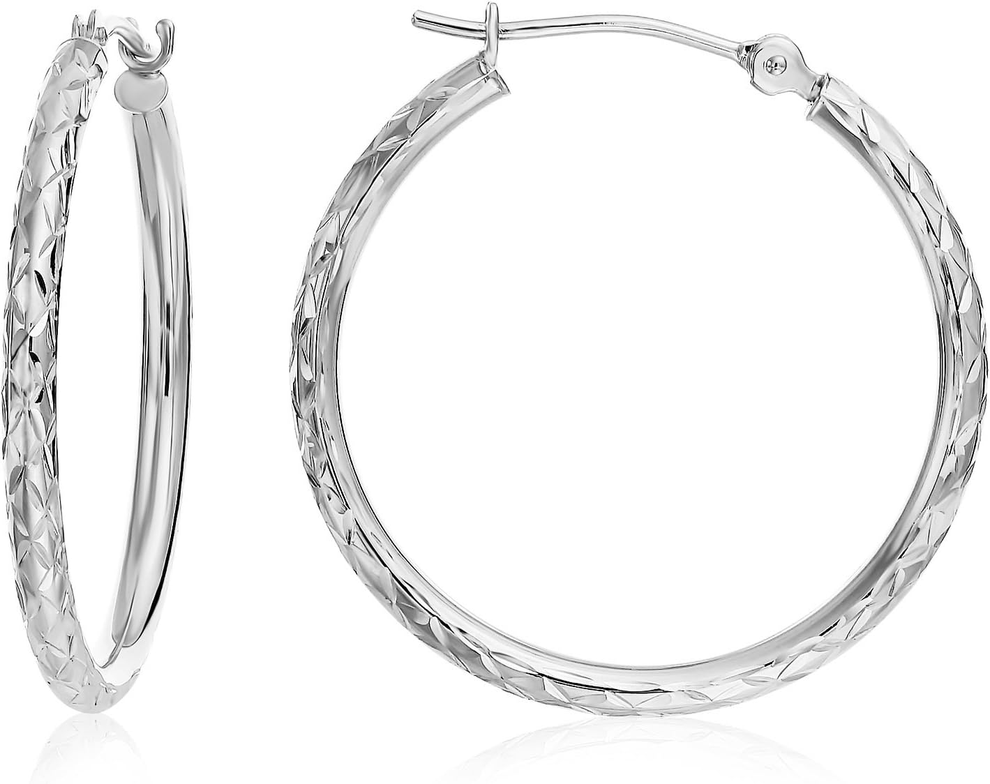 14k Gold X-pattern Diamond-cut Round Hoop Earrings, 1'' Diameter