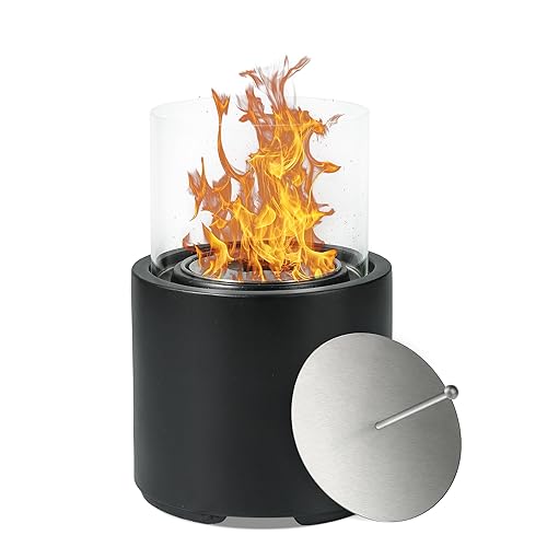 VOSSMOON Tabletop Fire Pit, Bioethanol Table Top Fire Bowl, Portable Round Fireplace indoor or Outdoor, Concrete Table Top Patio Heater Ethanol Burner with Tempered Glass for Potluck or Camping, Black