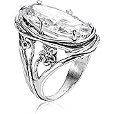 JEAN RACHEL JEWELRY 925 Sterling Silver Ring with Oval Shaped Cubic Zirconia - Floral Wire Wrap Vintage Design - Hypoallergenic, Nickel & Lead-free - Artisan Handcrafted Statement Rings for Women