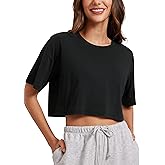 CRZ YOGA Pima Cotton Loose Crop T-Shirts for Women - Workout Yoga Casual Athletic Running Short Sleeve Shirts Crewneck Tops