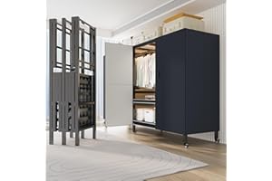 FKKPRVAX Foldable Portable Closet Wardrobe on Wheel Heavy-Duty Clothe Rack with Cover Freestanding Metal Clothing Rack Armoire Storage System Rolling Garment Racks for Hanging Clothes (B-150cm/59in(doors))