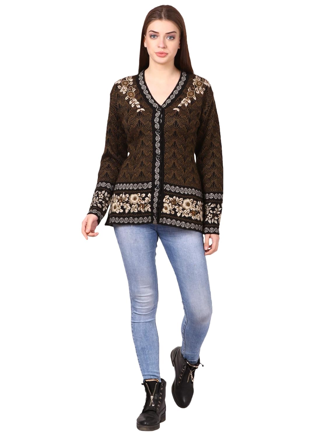 saadgi women's woollen printed warm knitted cardigan with beads detail work