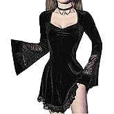 TSMNZMU Gothic Mini Dress Vintage Long Flare Sleeve Velvet Dresses Punk Grunge Witchy Dress Emo Alt Lolita Fairy Dresses