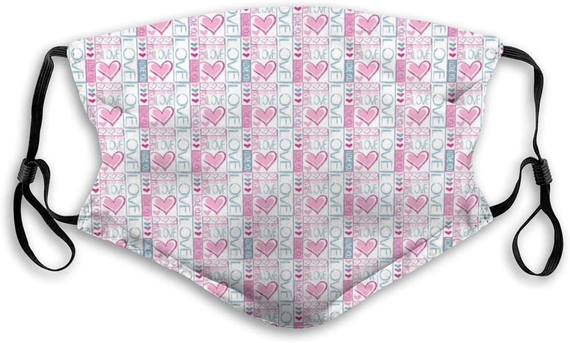 Mouth Masks Adjustable Earloop Anti-Dust Face Mask,Cute Valentines Day Love You Calligraphy With Hearts Pastel Colored Design,Adjustable,Windproof,Adults size:M