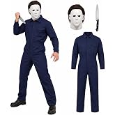 Blue Halloween Jumpsuit Set for Adults &amp; Kids with Scary Mask &amp; Prop Knife | 3-Piece Cosplay Set With Long-Sleeve Coveralls in Reusable Heavyweight Workwear Fabric for Halloween and Themed Events.