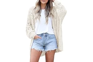 Women's Crochet Cardigan Kimono Boho Long Sleeve Lightweight Soft Oversized Open Front Knitted Sweater White