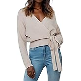 LANSALIRO Women's Casual V Neck Wrap Sweater Pullovers Lightweight Ribbed Drop Shoulder Knitted Tops