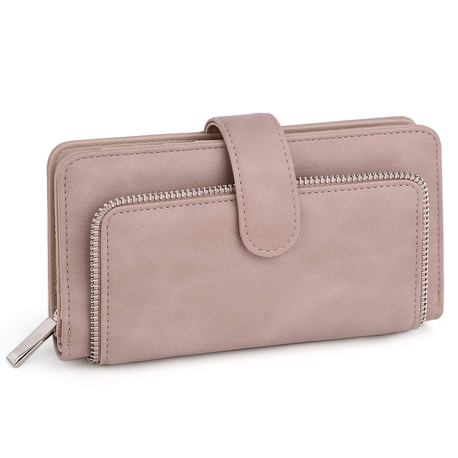 UTO Purses for Women RFID Blocking Ladies Wallet 15 Card Holders Snap Closure PU Leather Pale Pinkish