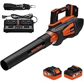 WOLFBOX MT600 Cordless Leaf Blower with 2 Batteries, 40V System | 620 CFM 150 MPH, Dual-Port Charger, Push-Button 4-Speed Control, 2 Flat Nozzles, Shoulder Strap, Car Detailing &amp; Lawn Care